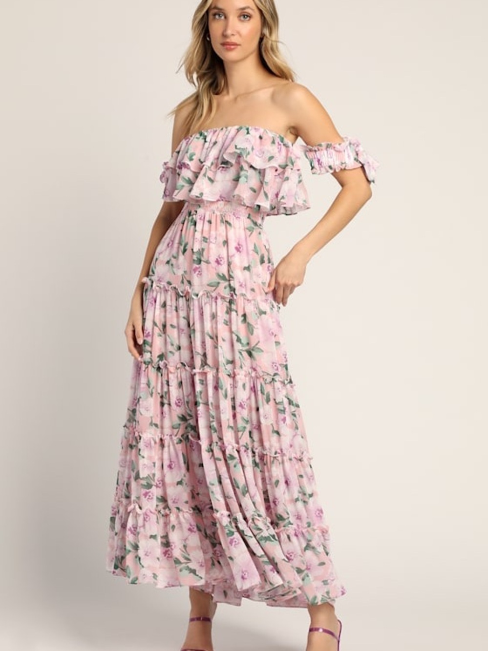 Lulu's Chance for Us Blush Floral Off-the-Shoulder Ruffled Maxi Dress